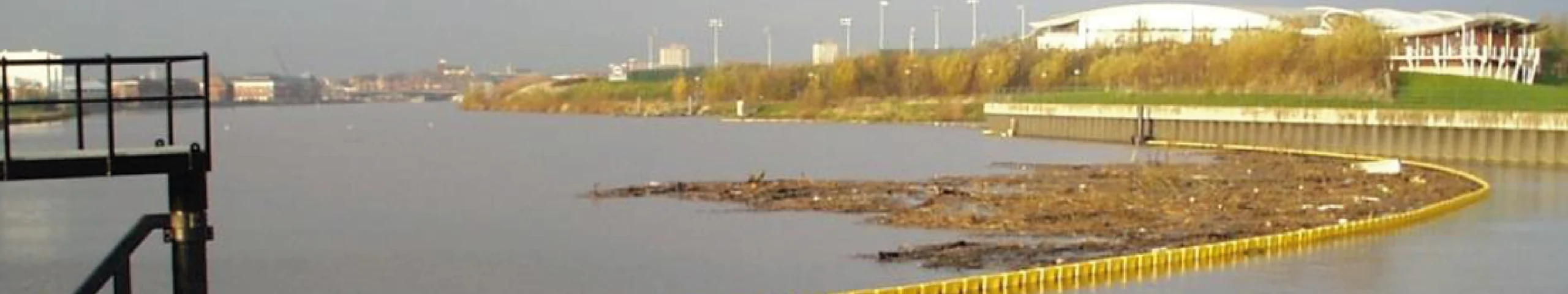 Original debris boom installation at Tees Barrage